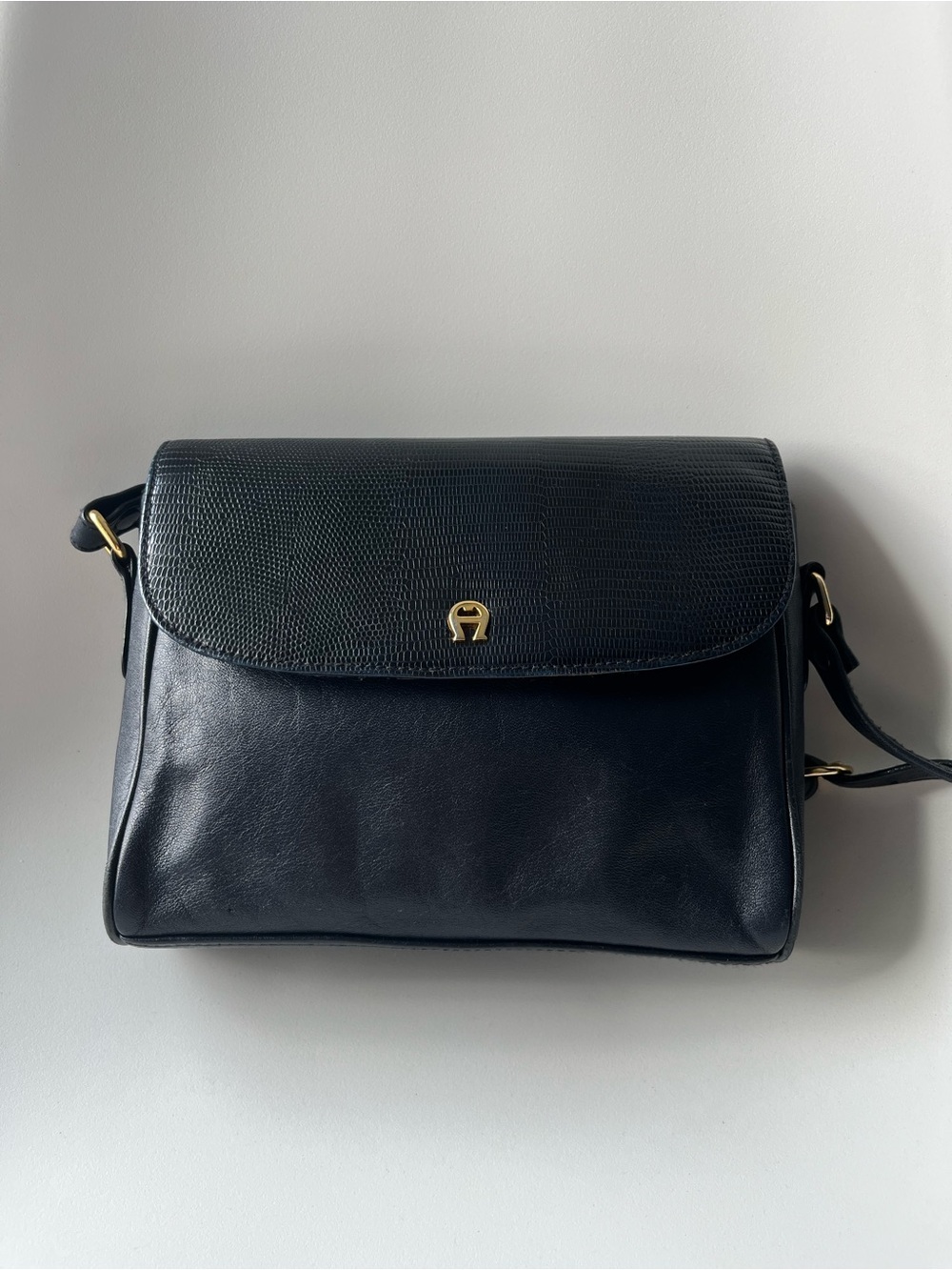 Original Etienne Aigner Navy Textured Flap Leather Shoulder Bag